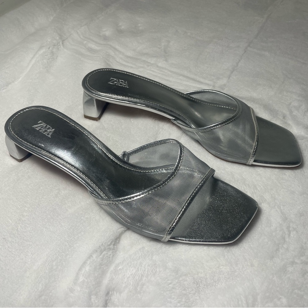Zara Metallic Silver Heeled Mules - Picture 2 of 8